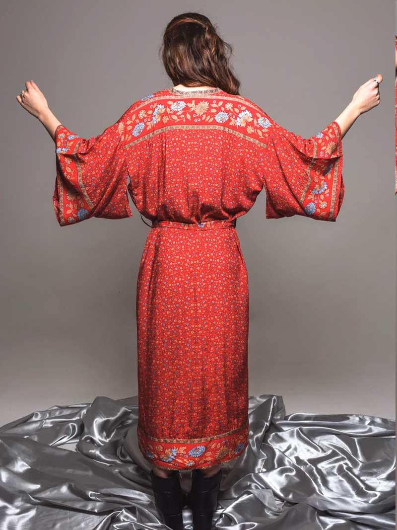Beachwear Floral Print Red Color Cotton Long Length Gown Kimono Duster Robe - Image 4