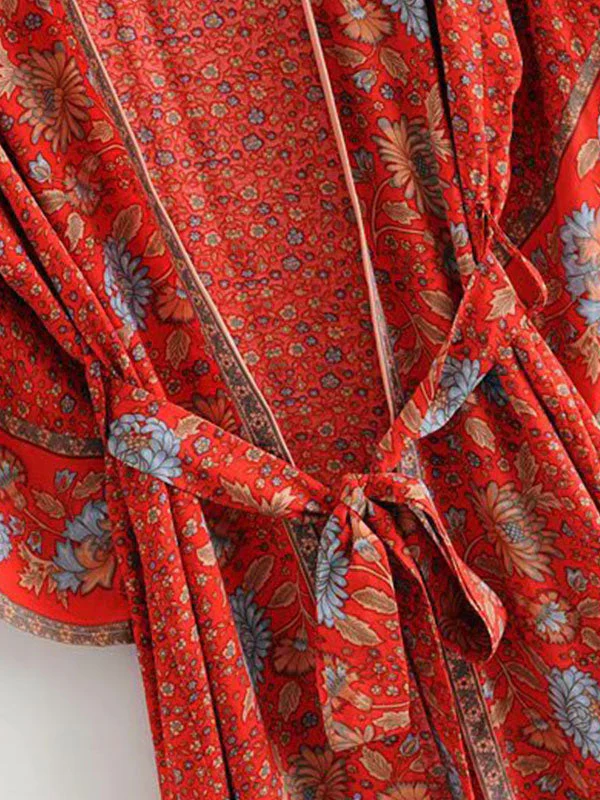 Beachwear Floral Print Red Color Cotton Long Length Gown Kimono Duster Robe - Image 5