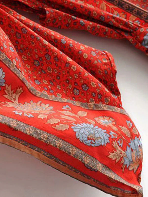 Beachwear Floral Print Red Color Cotton Long Length Gown Kimono Duster Robe - Image 6
