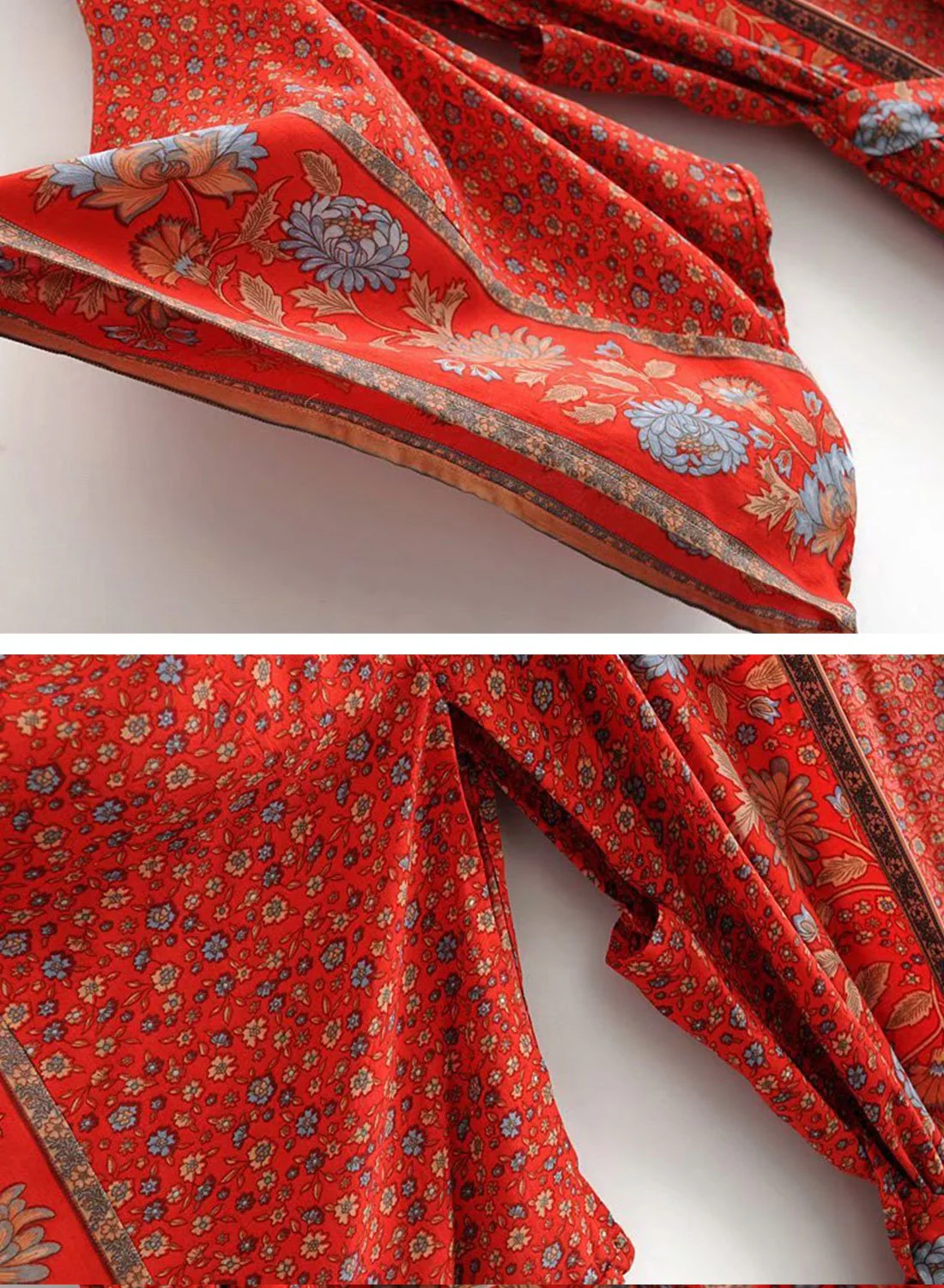 Beachwear Floral Print Red Color Cotton Long Length Gown Kimono Duster Robe - Image 7
