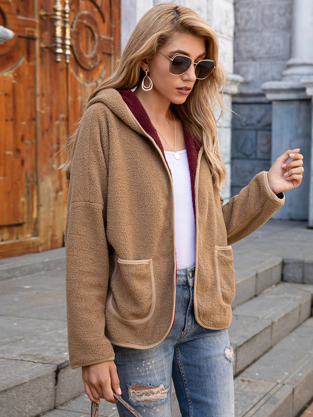 Fleece Open Front Pocket Hoodie - Image 14
