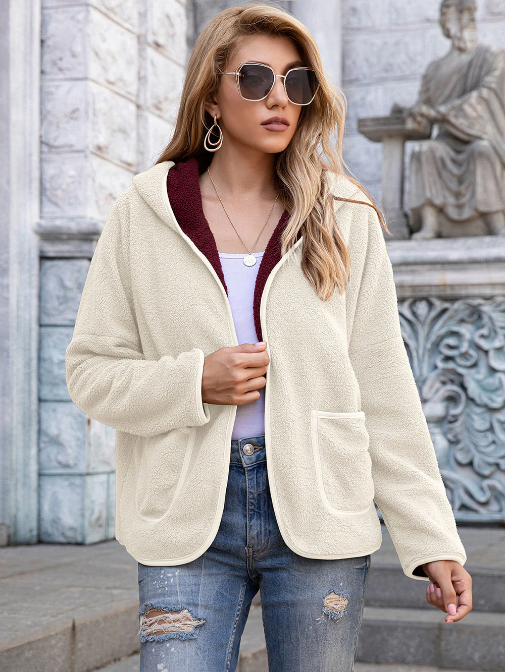 Fleece Open Front Pocket Hoodie - Image 20