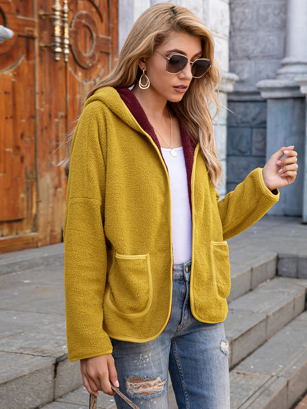 Fleece Open Front Pocket Hoodie - Image 24