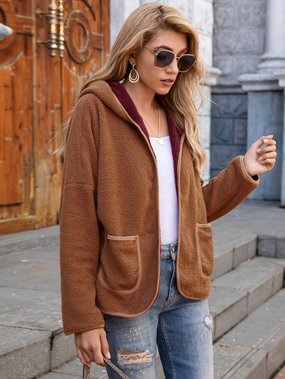 Fleece Open Front Pocket Hoodie - Image 3