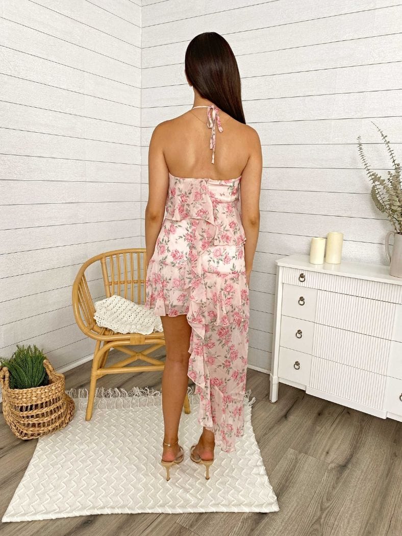 Floral Asymmetrical Hem Halter Ruffled Tiered Dress - Image 3