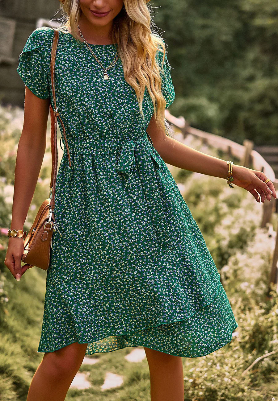 Floral Asymmetrical Ruffle Hem Dress - Image 18