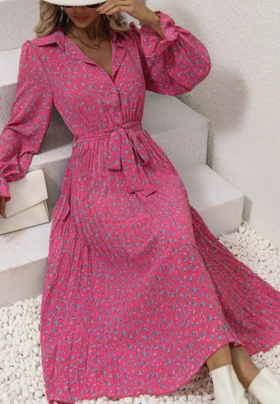 Floral Collared Pleated Dress - Image 14