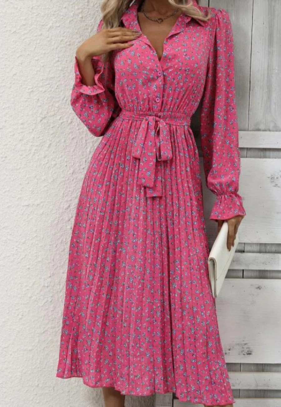 Floral Collared Pleated Dress - Image 15