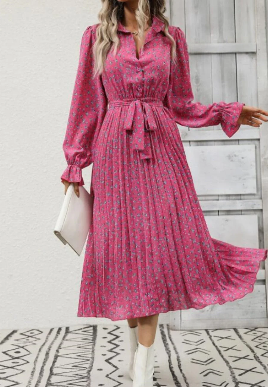 Floral Collared Pleated Dress - Image 17