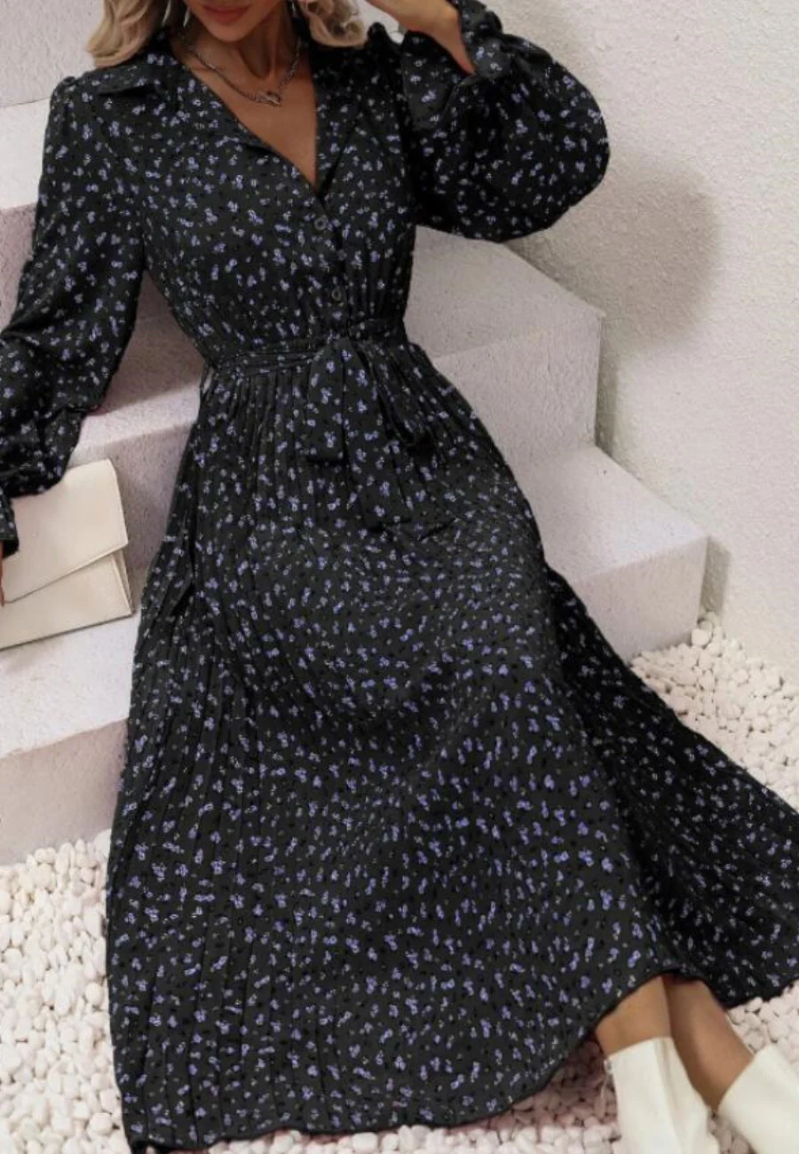 Floral Collared Pleated Dress - Image 9