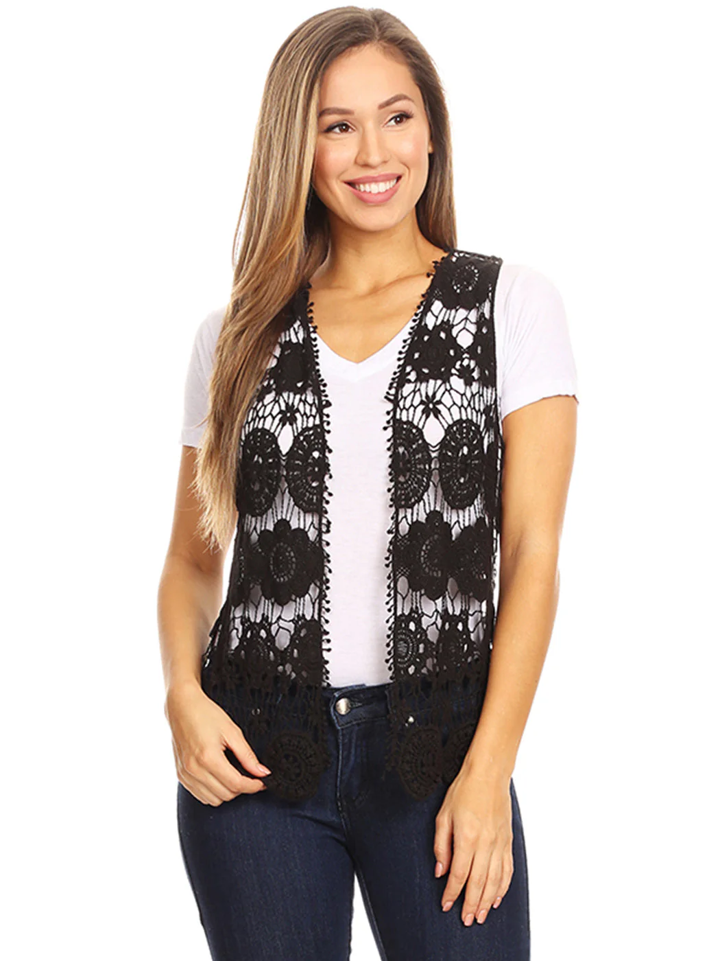 Floral Crochet Open Front Vest - Image 2