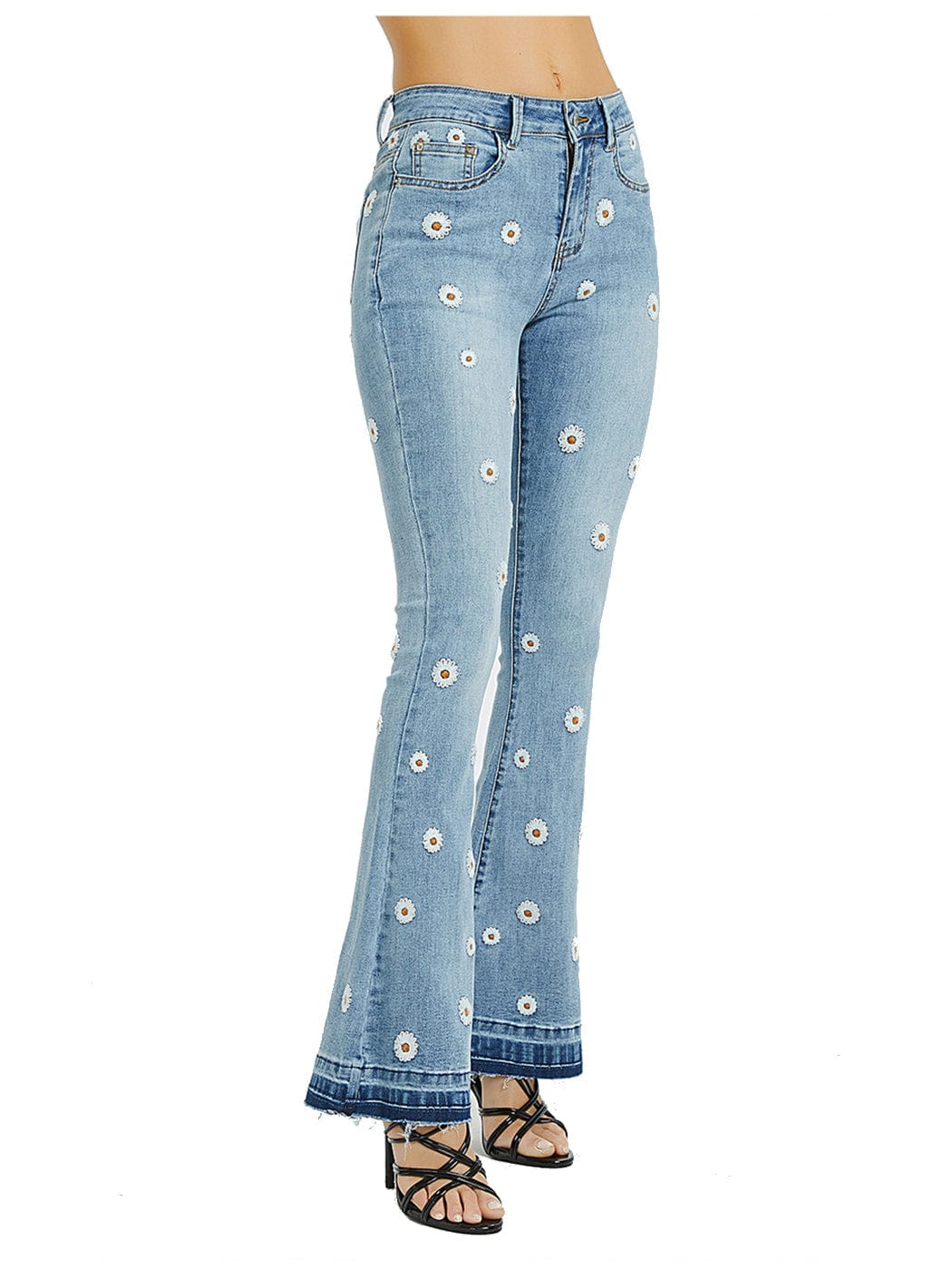 Floral Daisy Embroidered Mid Rise Bell Bottom Flare Frayed Hem Jeans - Image 3