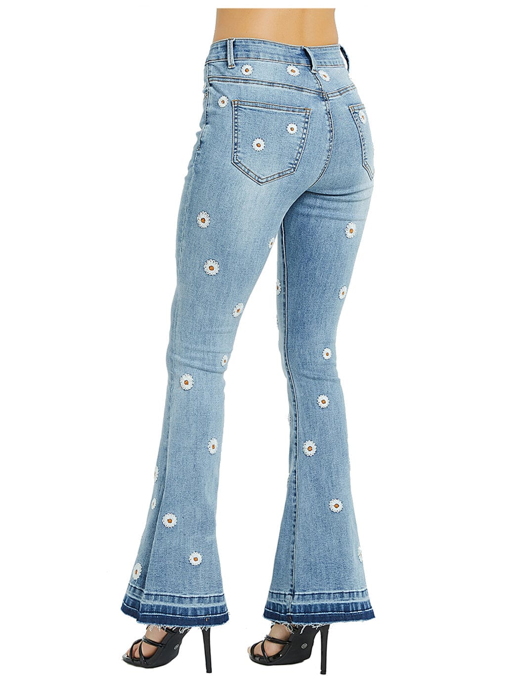 Floral Daisy Embroidered Mid Rise Bell Bottom Flare Frayed Hem Jeans - Image 4