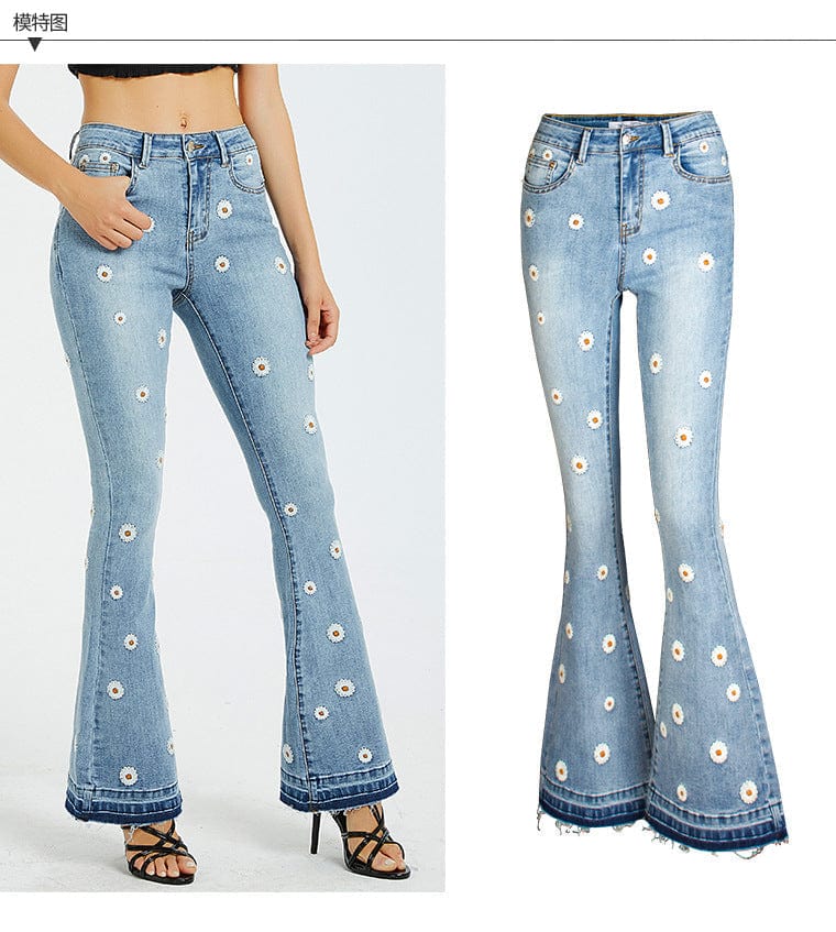 Floral Daisy Embroidered Mid Rise Bell Bottom Flare Frayed Hem Jeans - Image 5