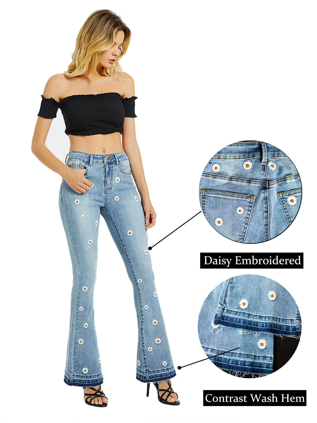 Floral Daisy Embroidered Mid Rise Bell Bottom Flare Frayed Hem Jeans - Image 6