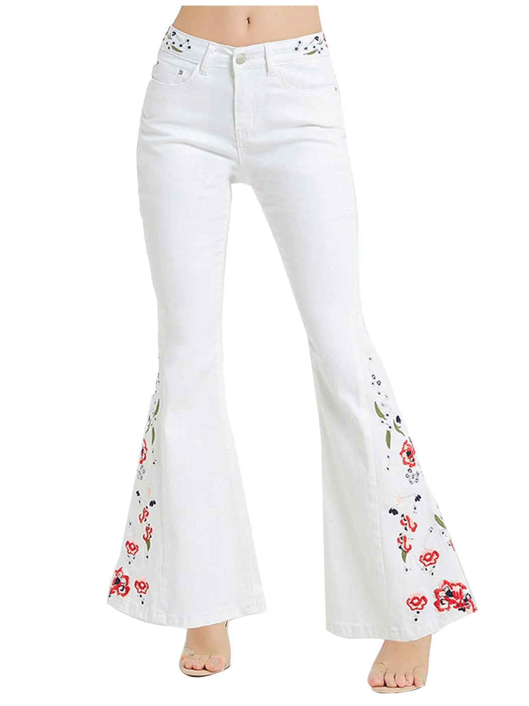 Floral Daisy Embroidered Mid Rise Bell Bottom Flare Frayed Hem Jeans - Image 8