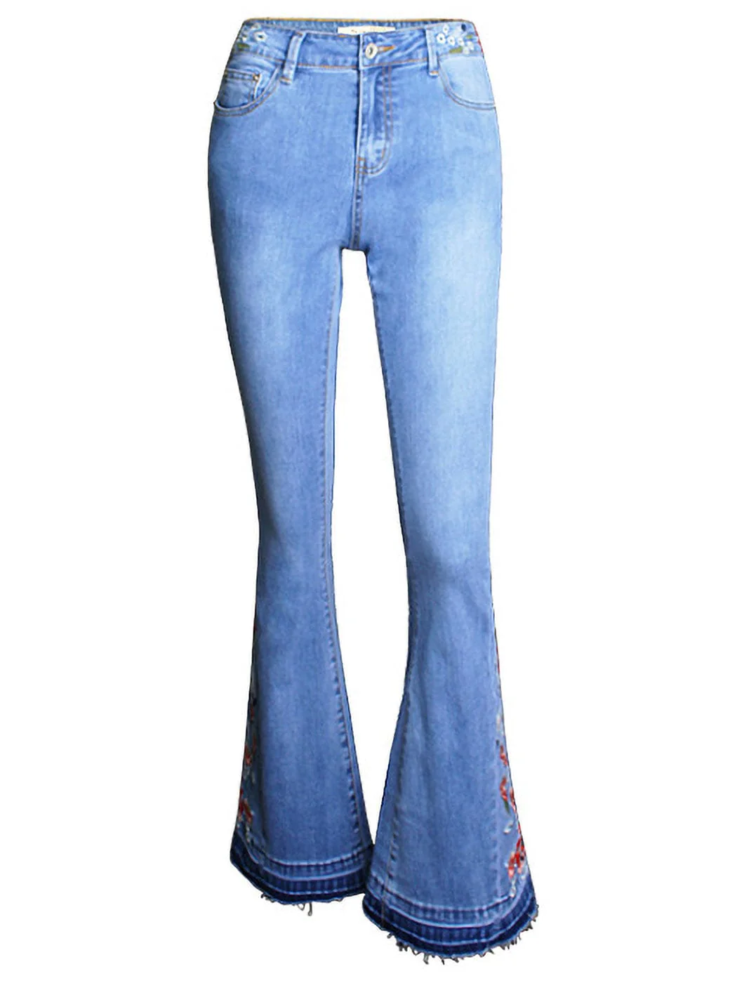 Floral Daisy Embroidered Mid Rise Bell Bottom Flare Frayed Hem Jeans - Image 9
