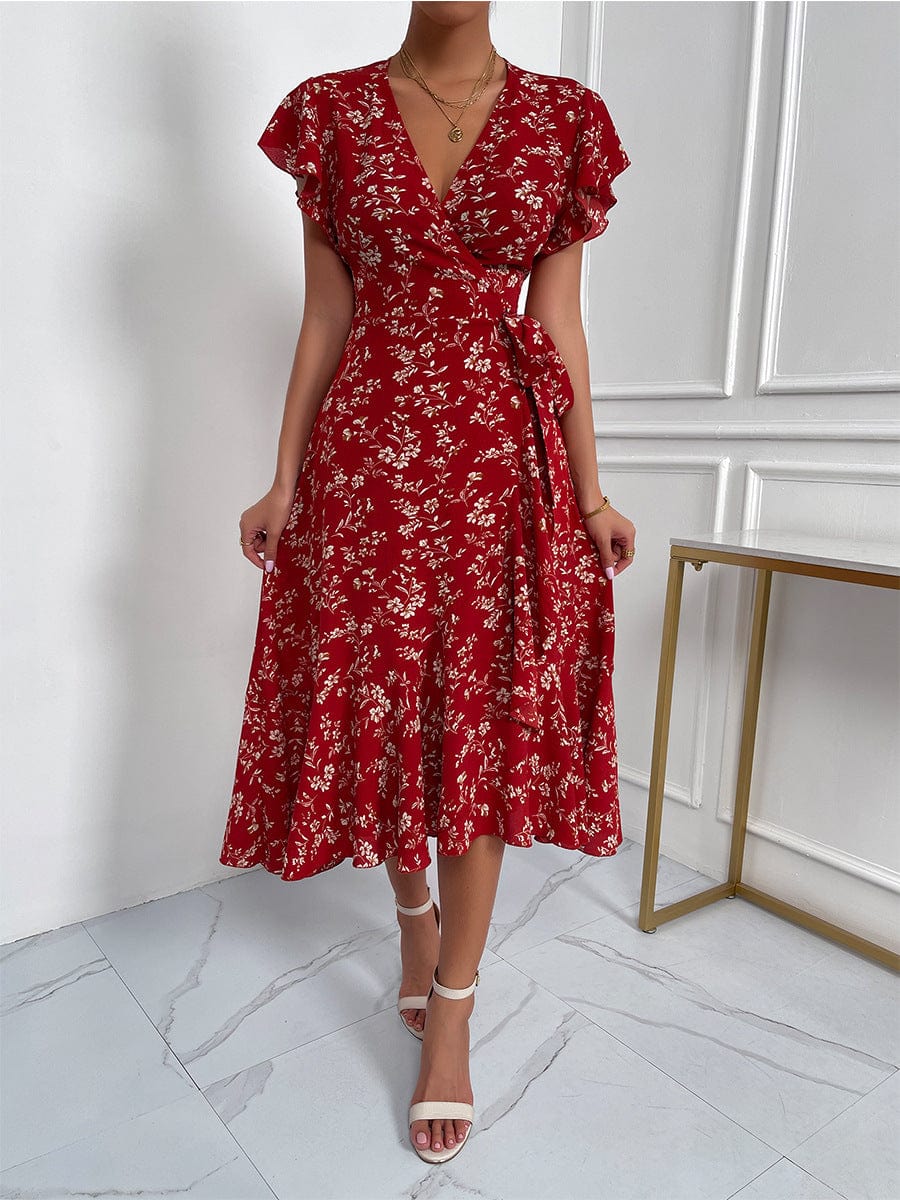 Floral Flutter Sleeve Wrap Dress