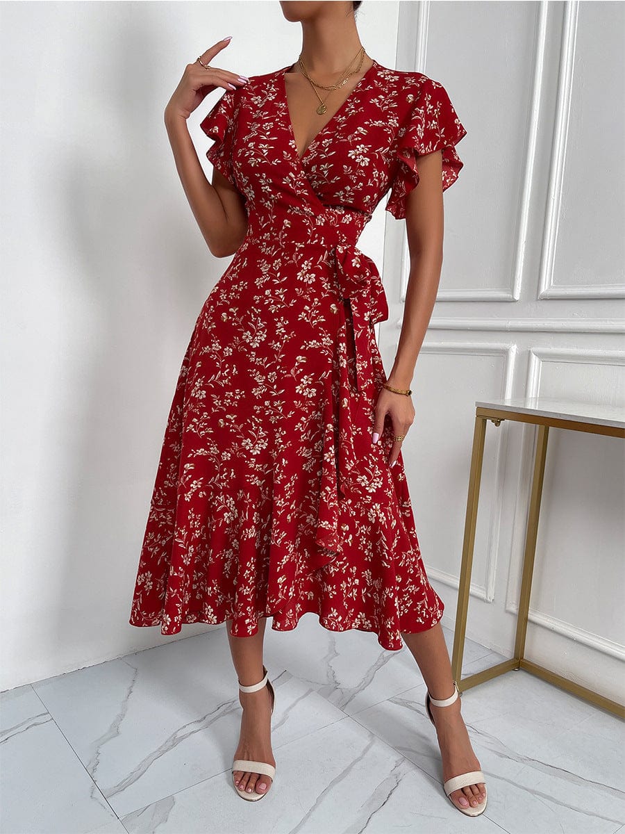 Floral Flutter Sleeve Wrap Dress - Image 4