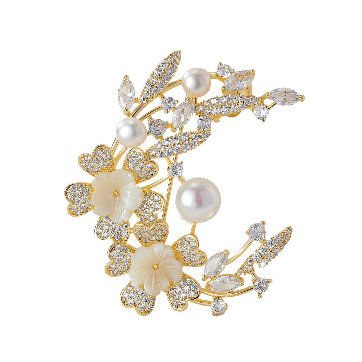 Floral Half Moon Brooch with Crystals and Pearls - Image 2
