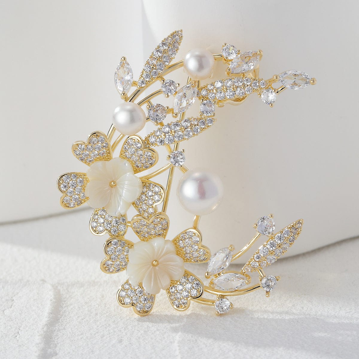 Floral Half Moon Brooch with Crystals and Pearls - Image 3