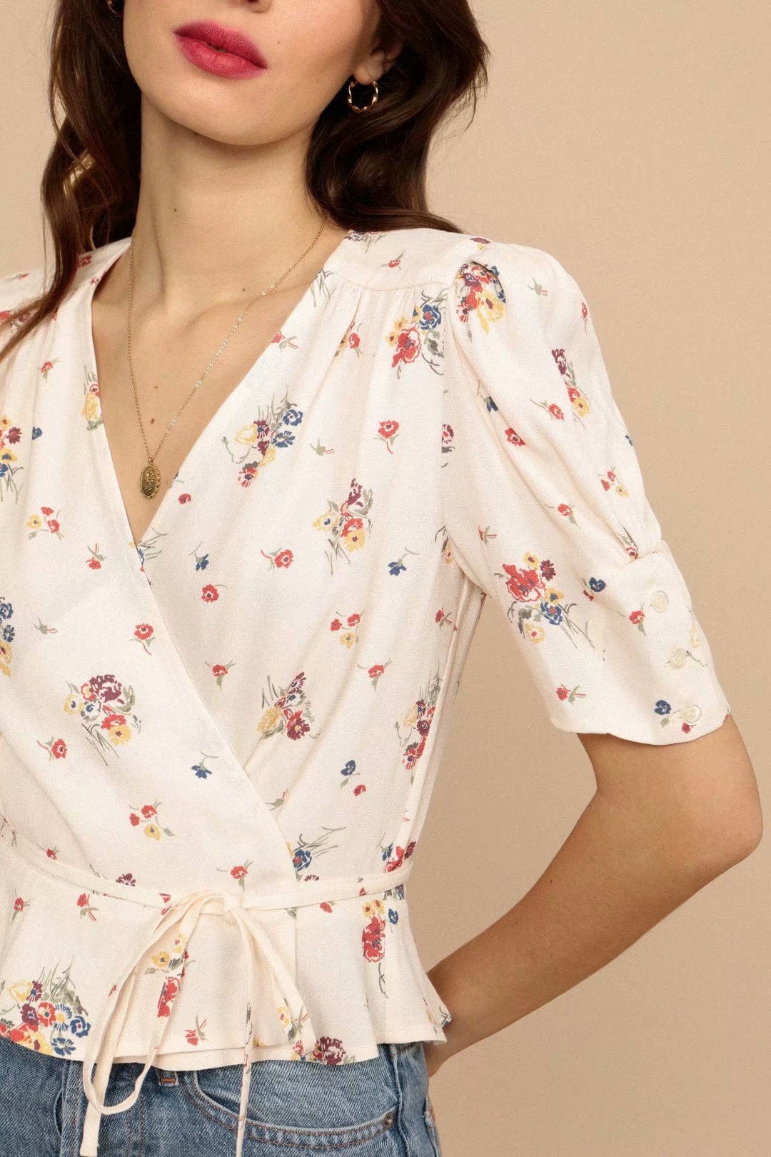 Floral Half Sleeve Wrap Top - Image 2