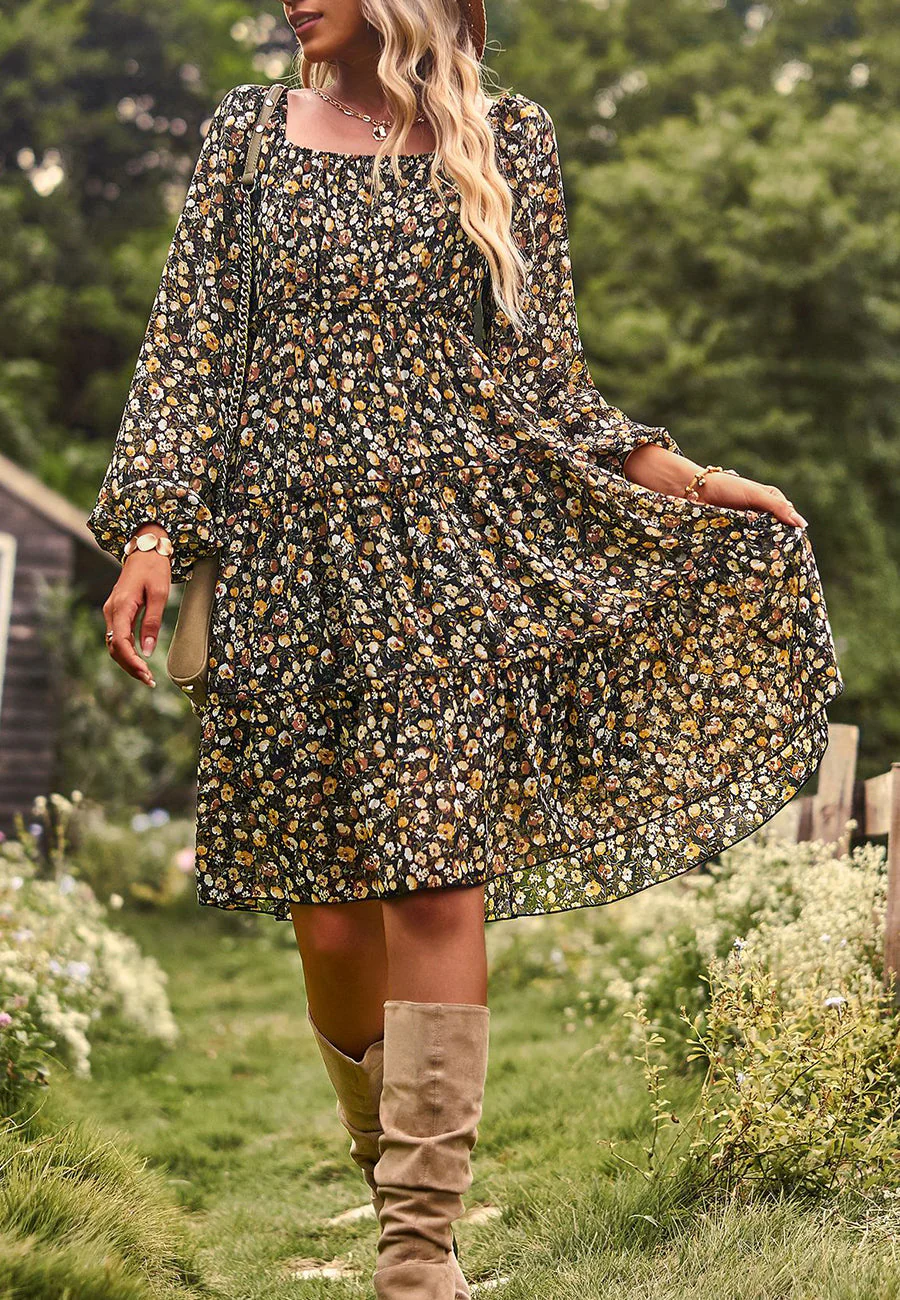Floral Long Sleeve Tiered Dress - Image 9
