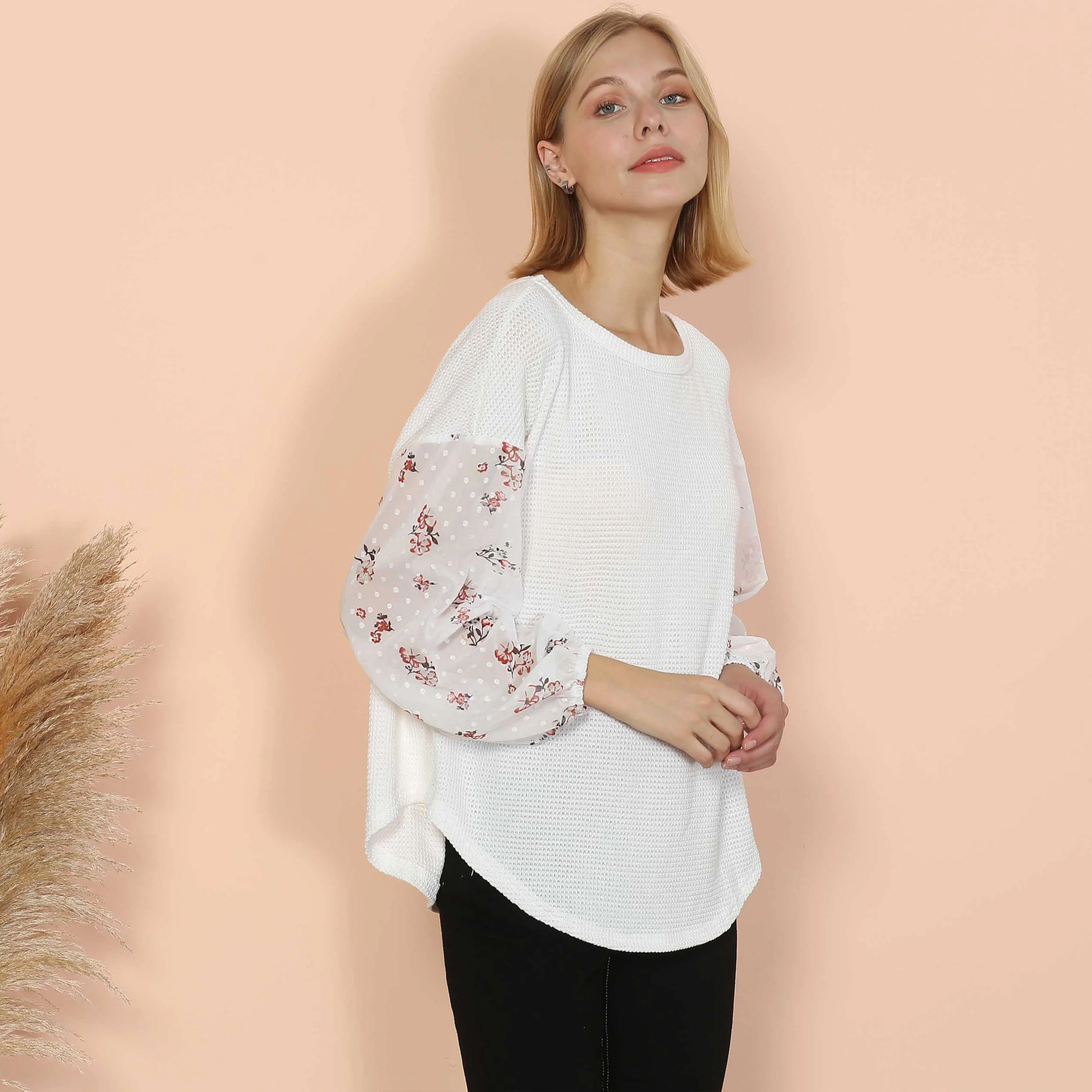 Floral Long Sleeve Waffle Knit Top - Image 2