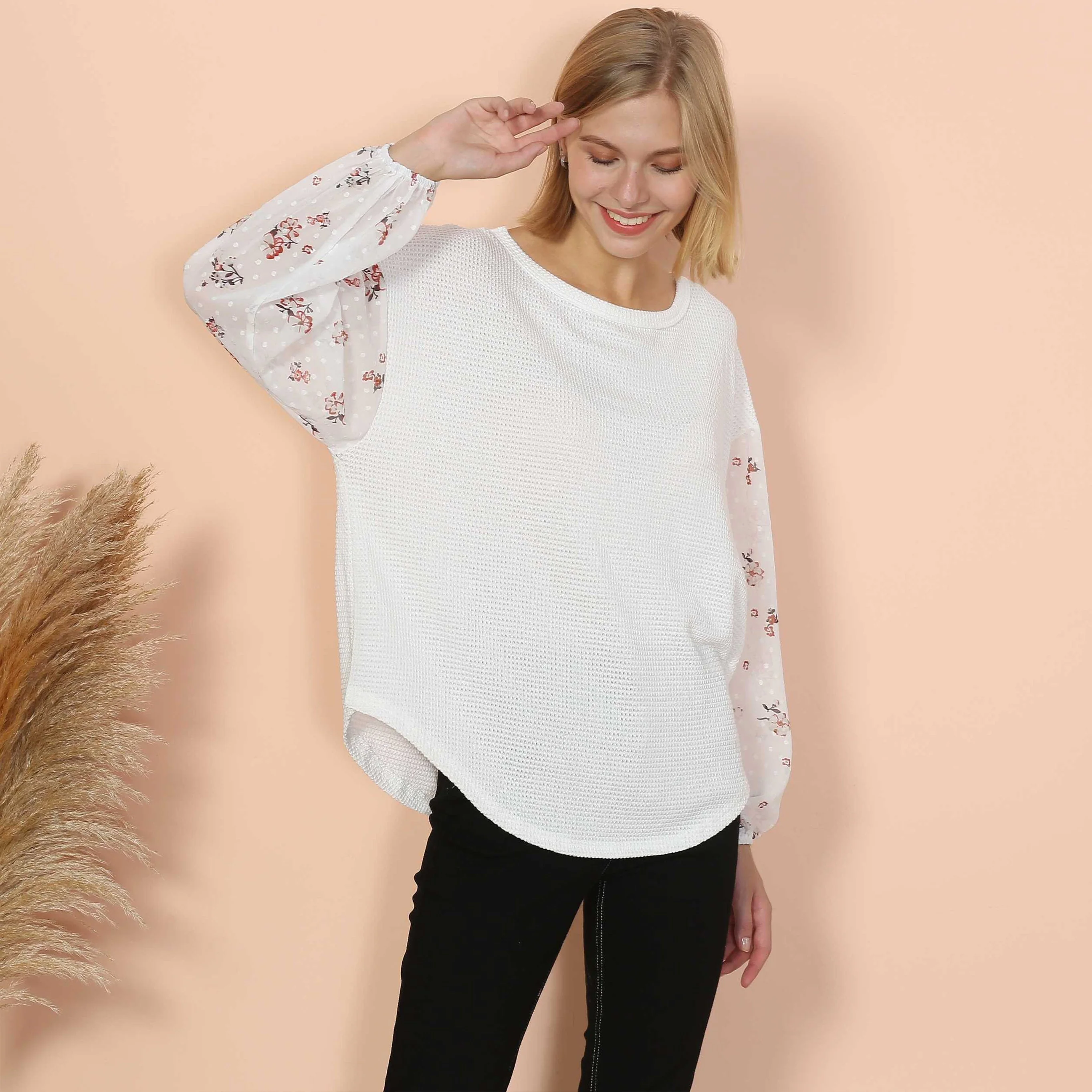 Floral Long Sleeve Waffle Knit Top - Image 3