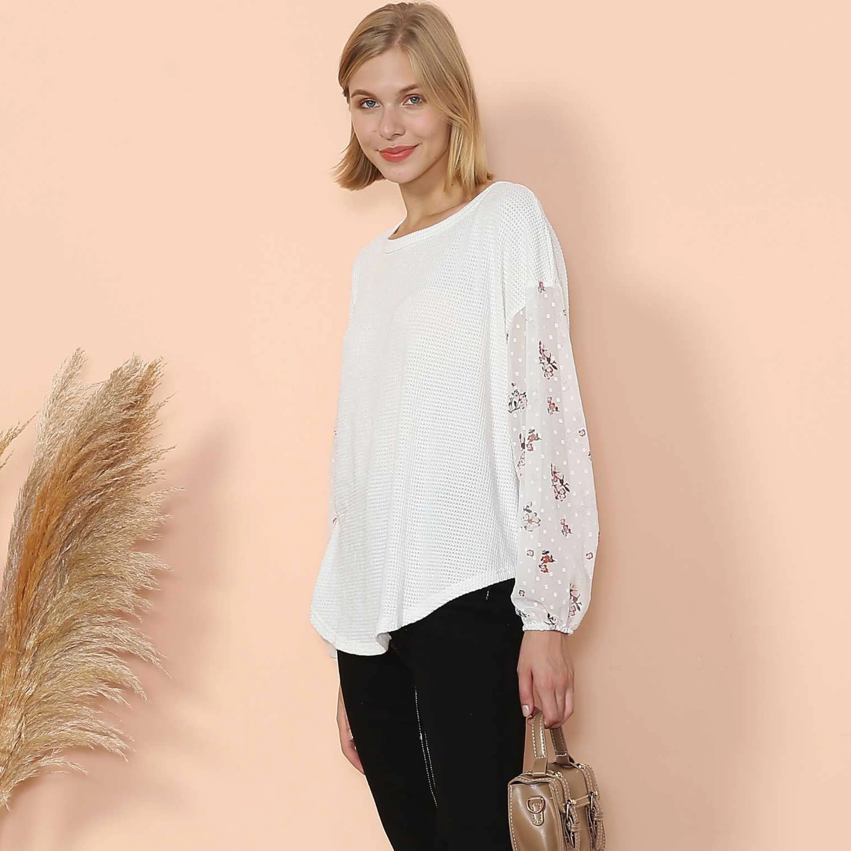 Floral Long Sleeve Waffle Knit Top - Image 5