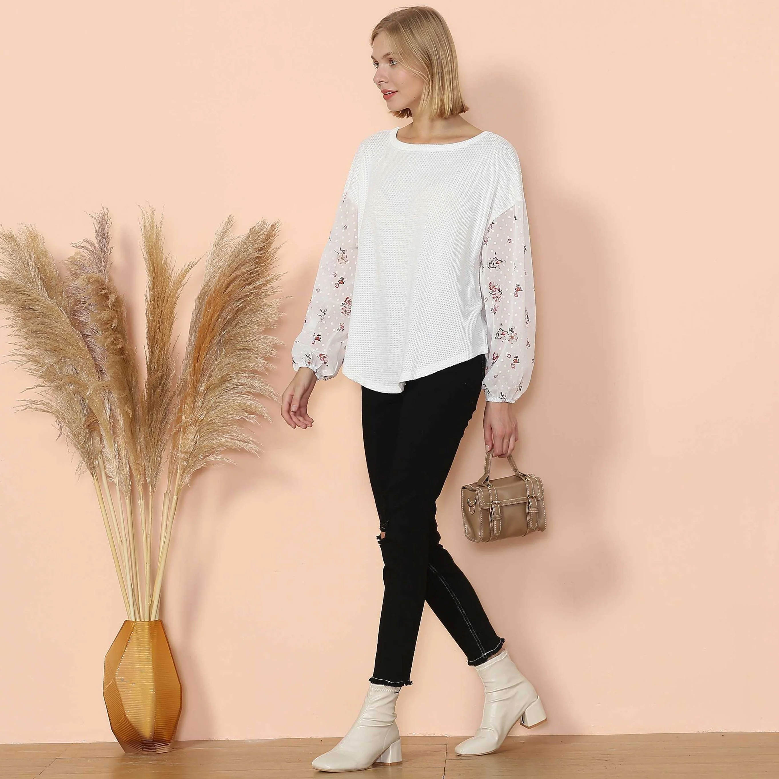 Floral Long Sleeve Waffle Knit Top - Image 6