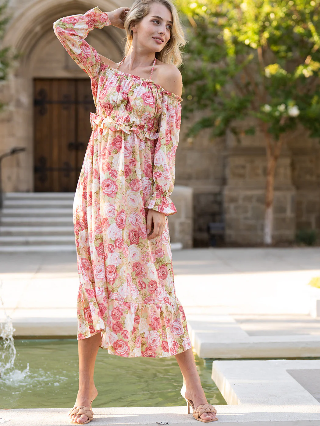 Floral Off-The-Shoulder Shirred Ruffled Puff Sleeve Midi Dress - Image 2