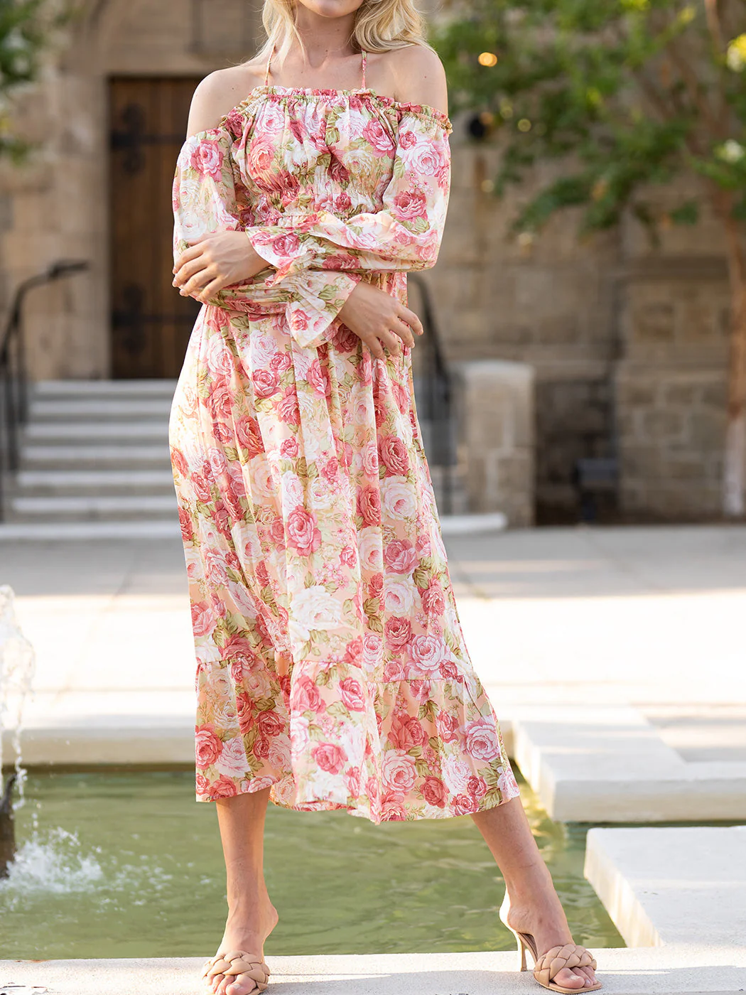 Floral Off-The-Shoulder Shirred Ruffled Puff Sleeve Midi Dress - Image 3