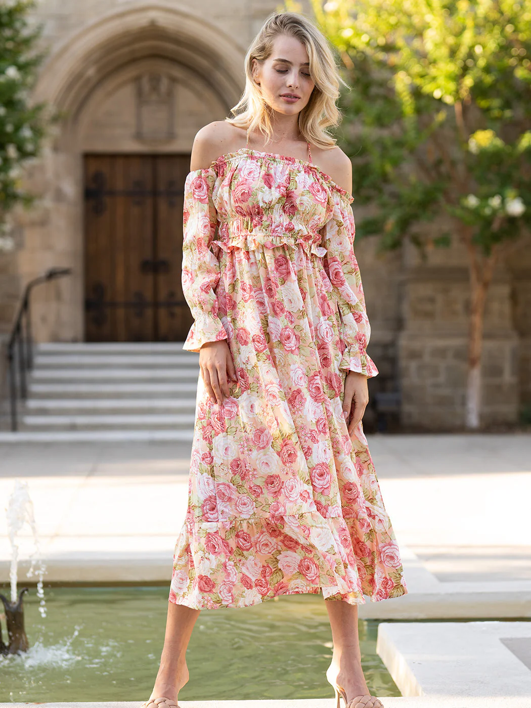 Floral Off-The-Shoulder Shirred Ruffled Puff Sleeve Midi Dress - Image 4