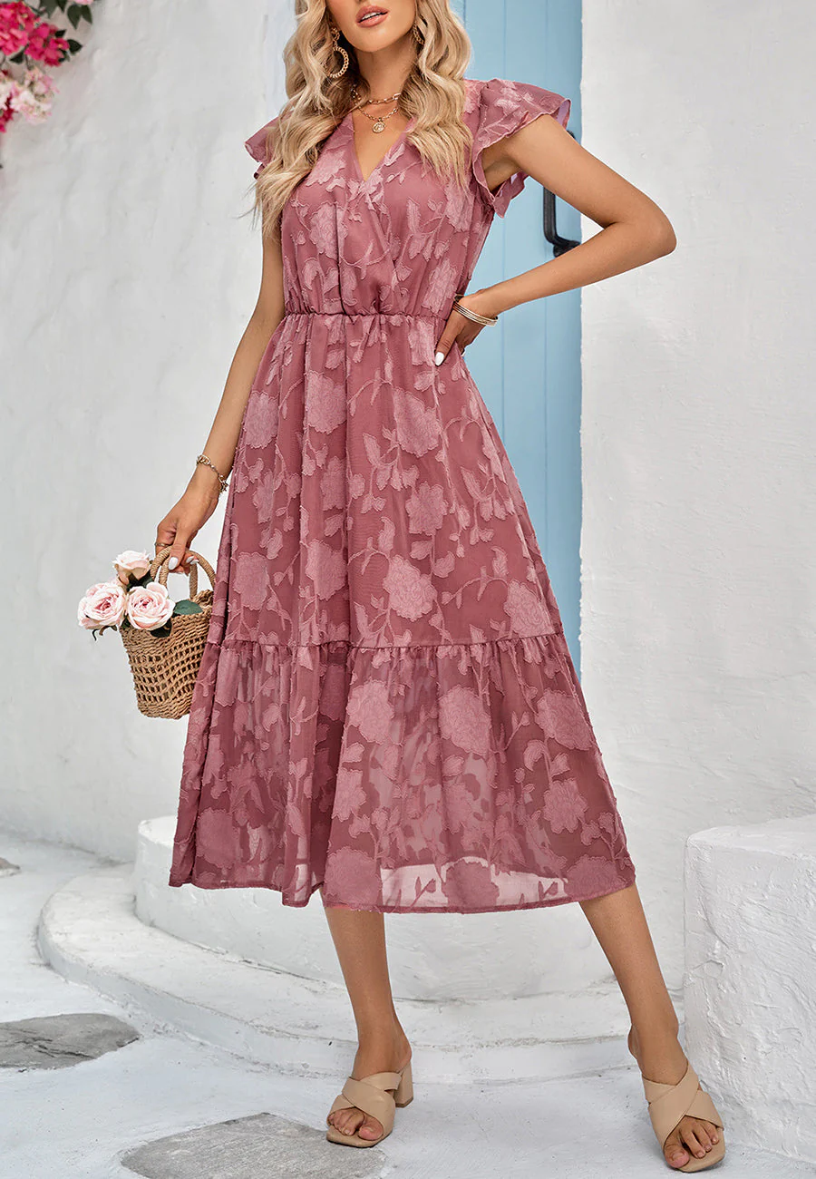 Floral Pattern Flutter Sleeve Dress - Image 11