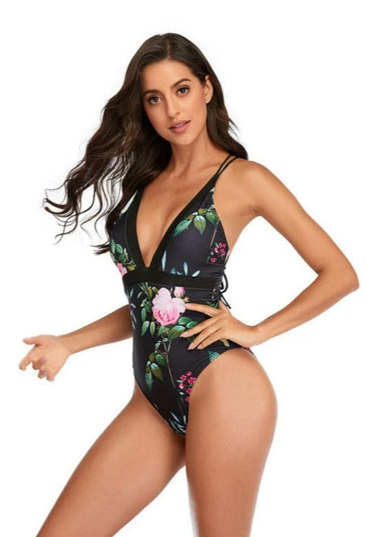 Floral Plunge Crossover Open Back One-Piece - Image 3