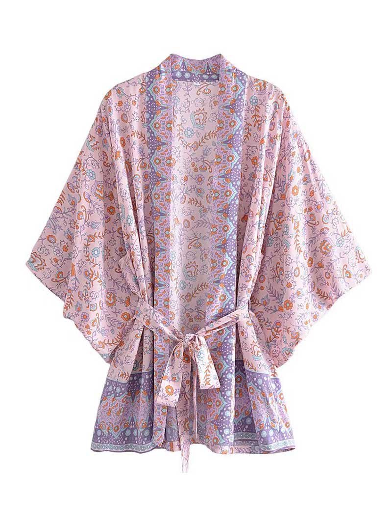 Short Floral Print Brown, Purple and Orange Color Cotton Short Length Gown Kimono Duster Robe - Image 2