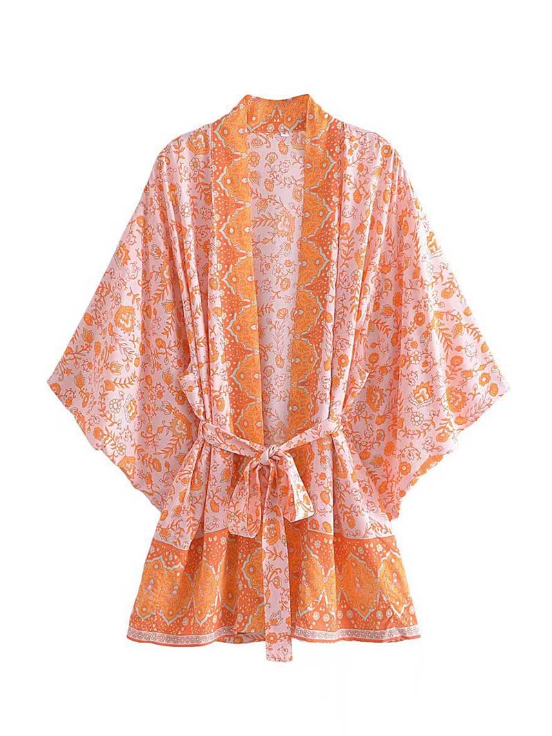 Short Floral Print Brown, Purple and Orange Color Cotton Short Length Gown Kimono Duster Robe - Image 3