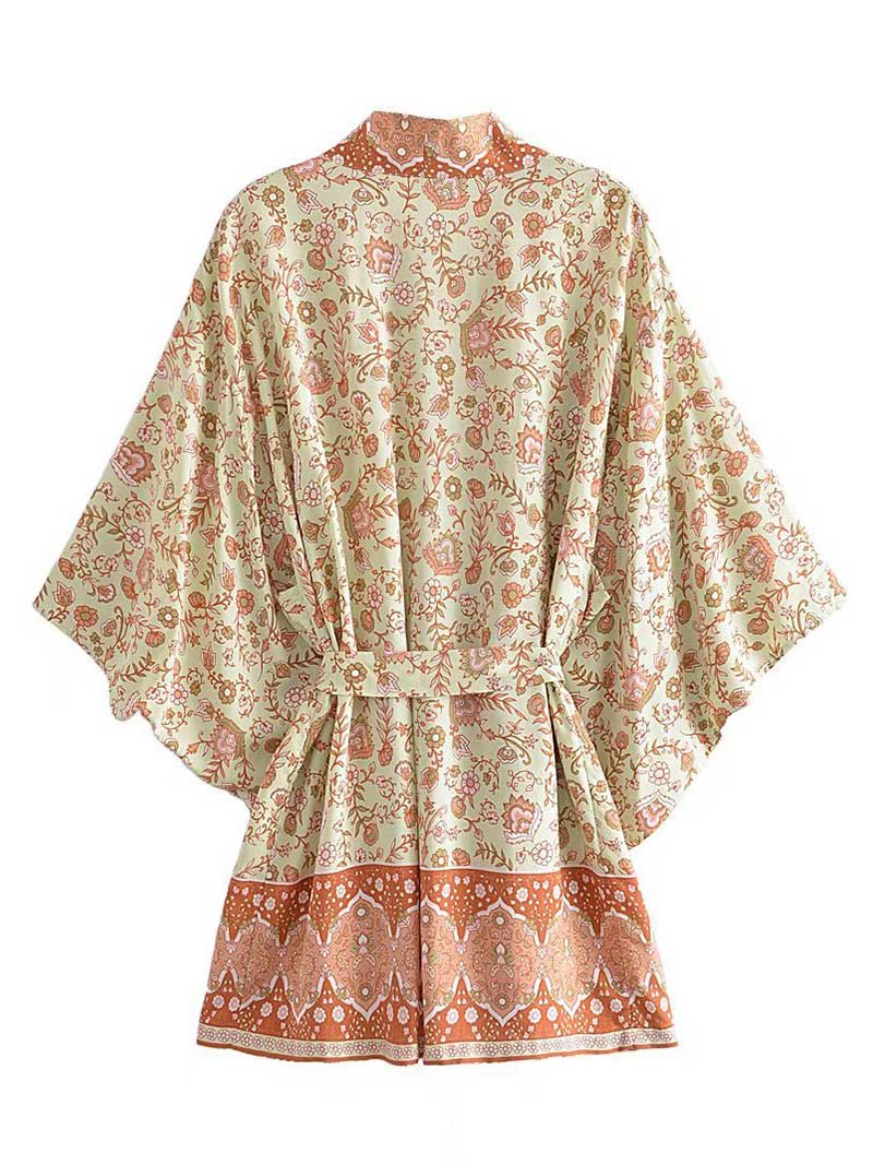 Short Floral Print Brown, Purple and Orange Color Cotton Short Length Gown Kimono Duster Robe - Image 4