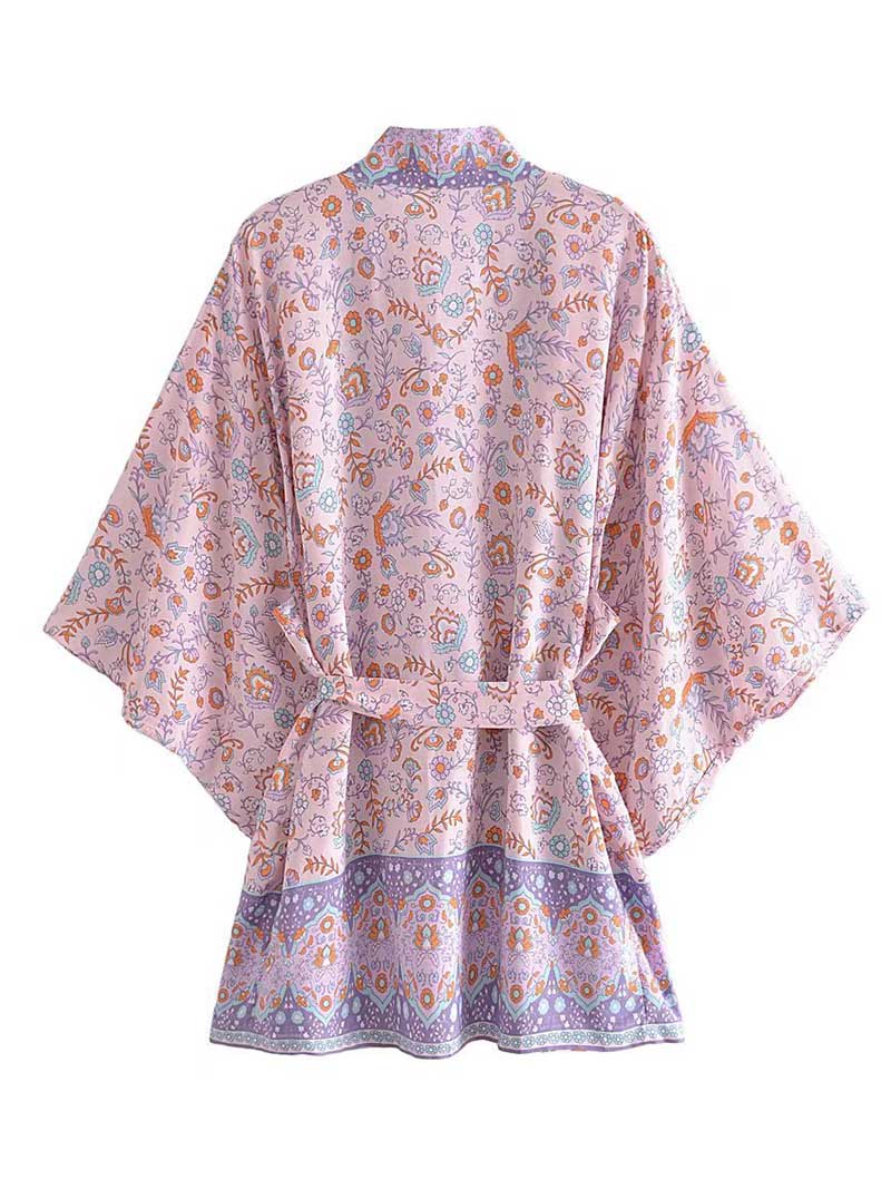 Short Floral Print Brown, Purple and Orange Color Cotton Short Length Gown Kimono Duster Robe - Image 5