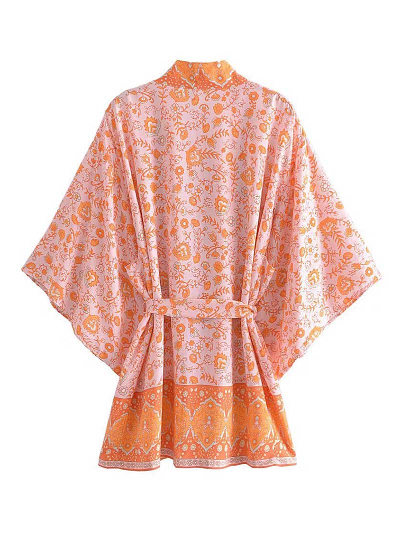 Short Floral Print Brown, Purple and Orange Color Cotton Short Length Gown Kimono Duster Robe - Image 6