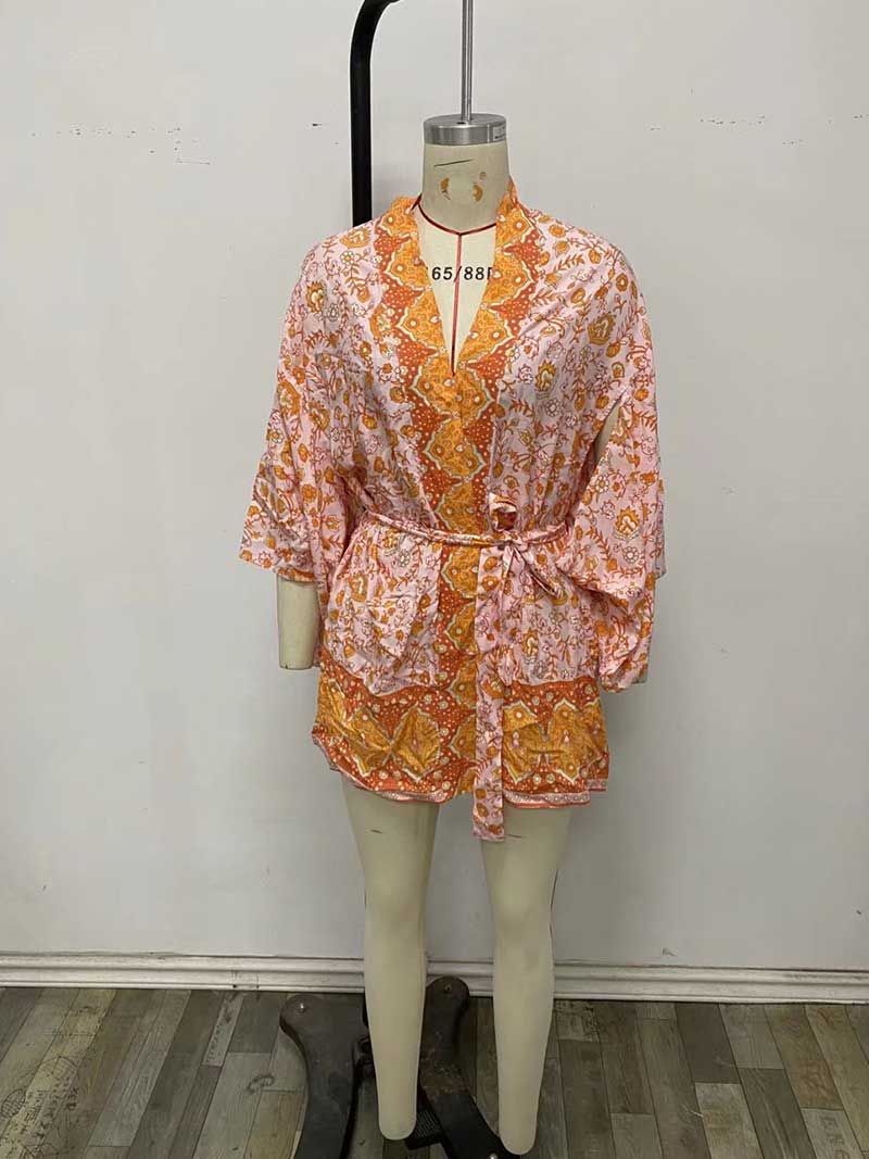 Short Floral Print Brown, Purple and Orange Color Cotton Short Length Gown Kimono Duster Robe - Image 7