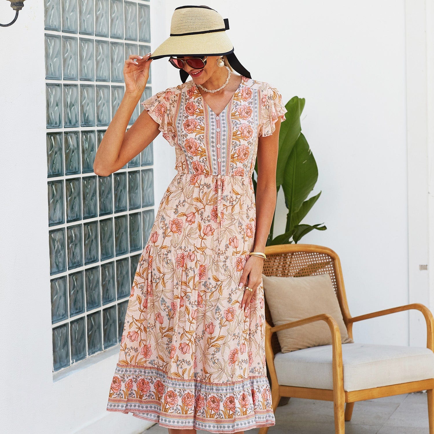 Floral Print Butterfly Sleeve Dress - Image 5