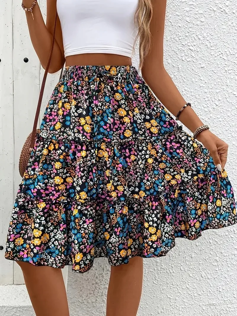 Floral Print Elastic Hem A-Line Skirt - Image 5