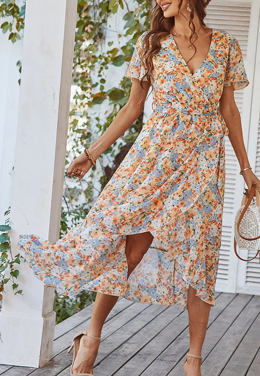 Floral Print Flutter Sleeve Wrap Dress - Image 15