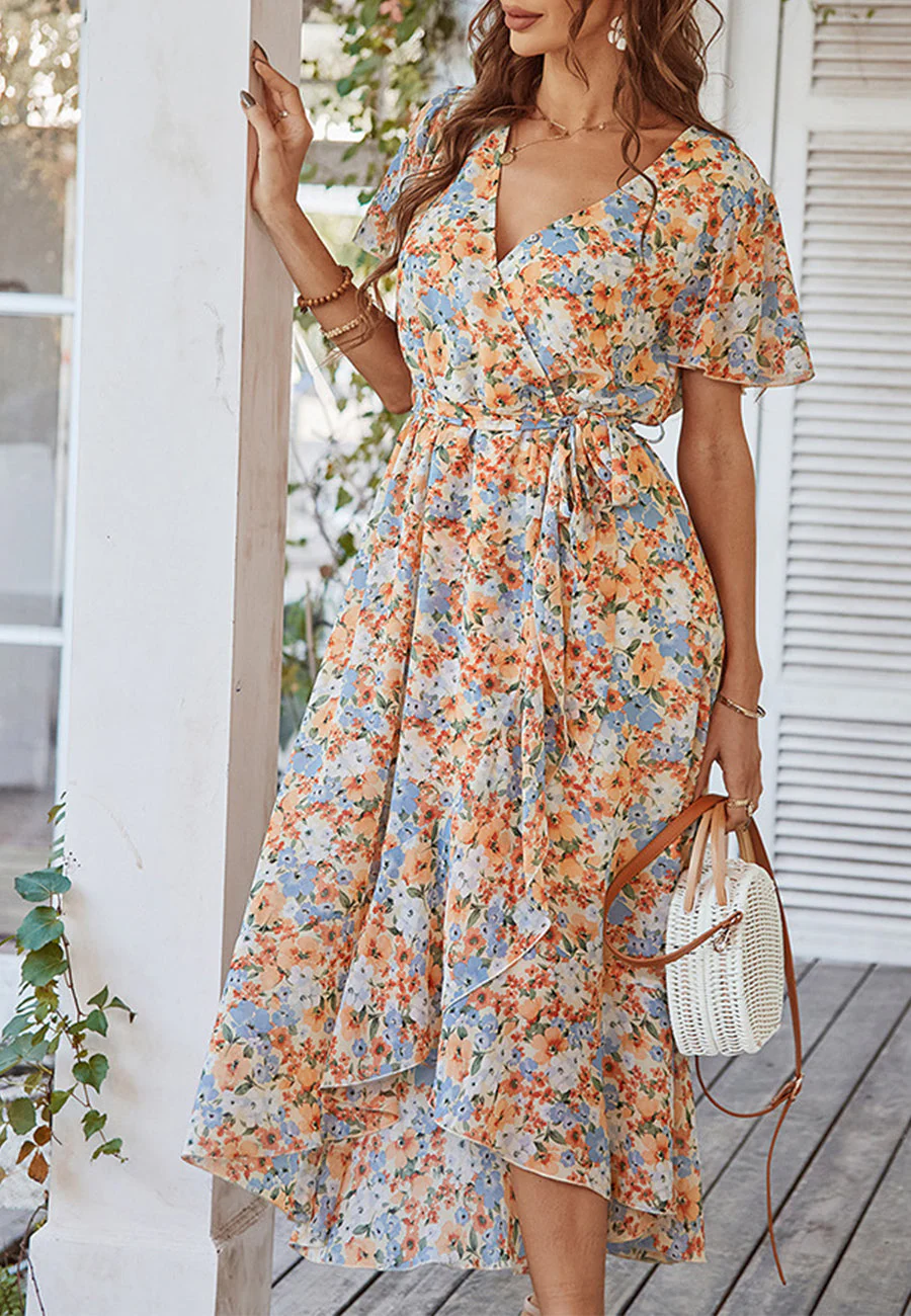 Floral Print Flutter Sleeve Wrap Dress - Image 16