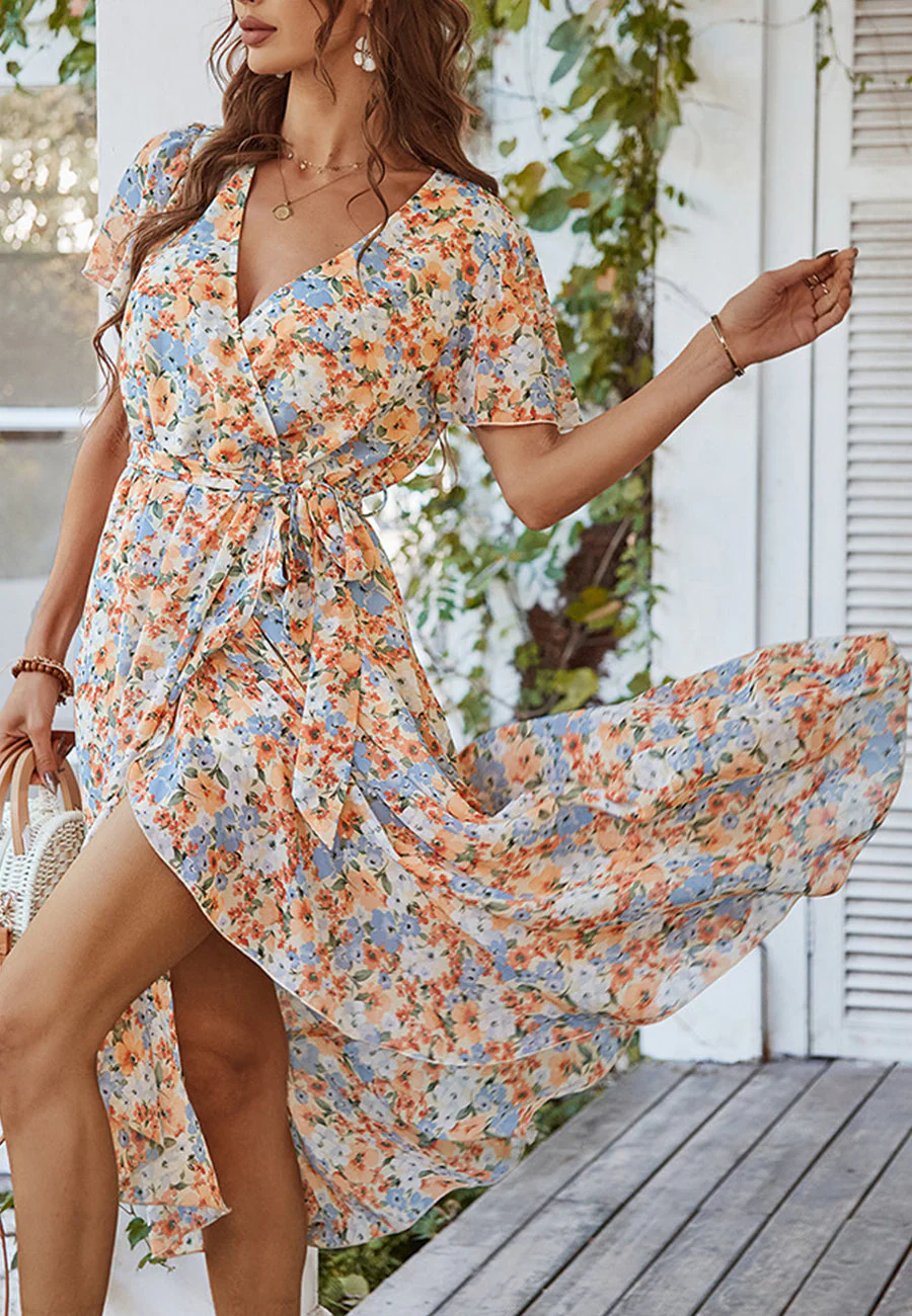 Floral Print Flutter Sleeve Wrap Dress - Image 17