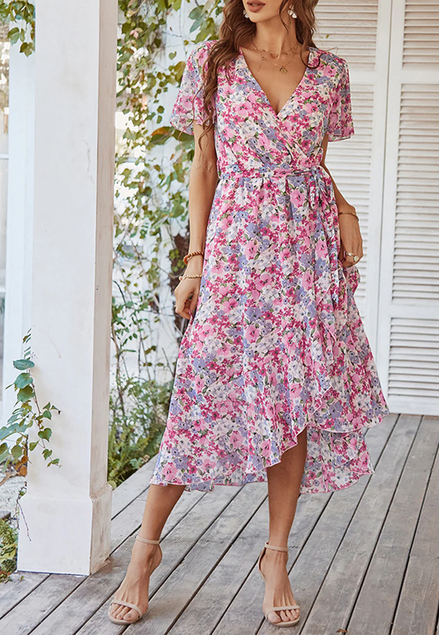 Floral Print Flutter Sleeve Wrap Dress - Image 25