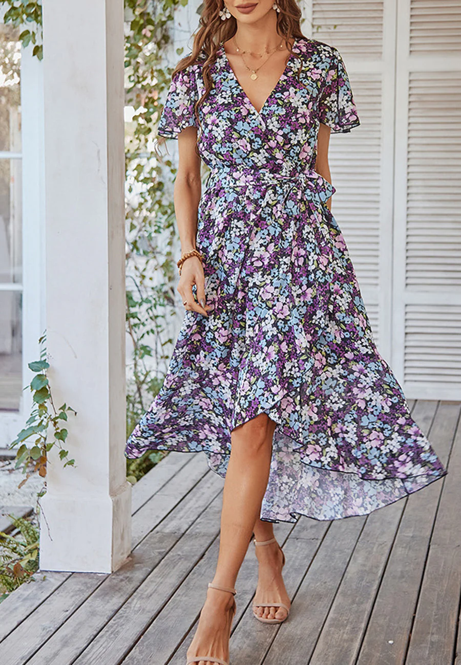 Floral Print Flutter Sleeve Wrap Dress - Image 29