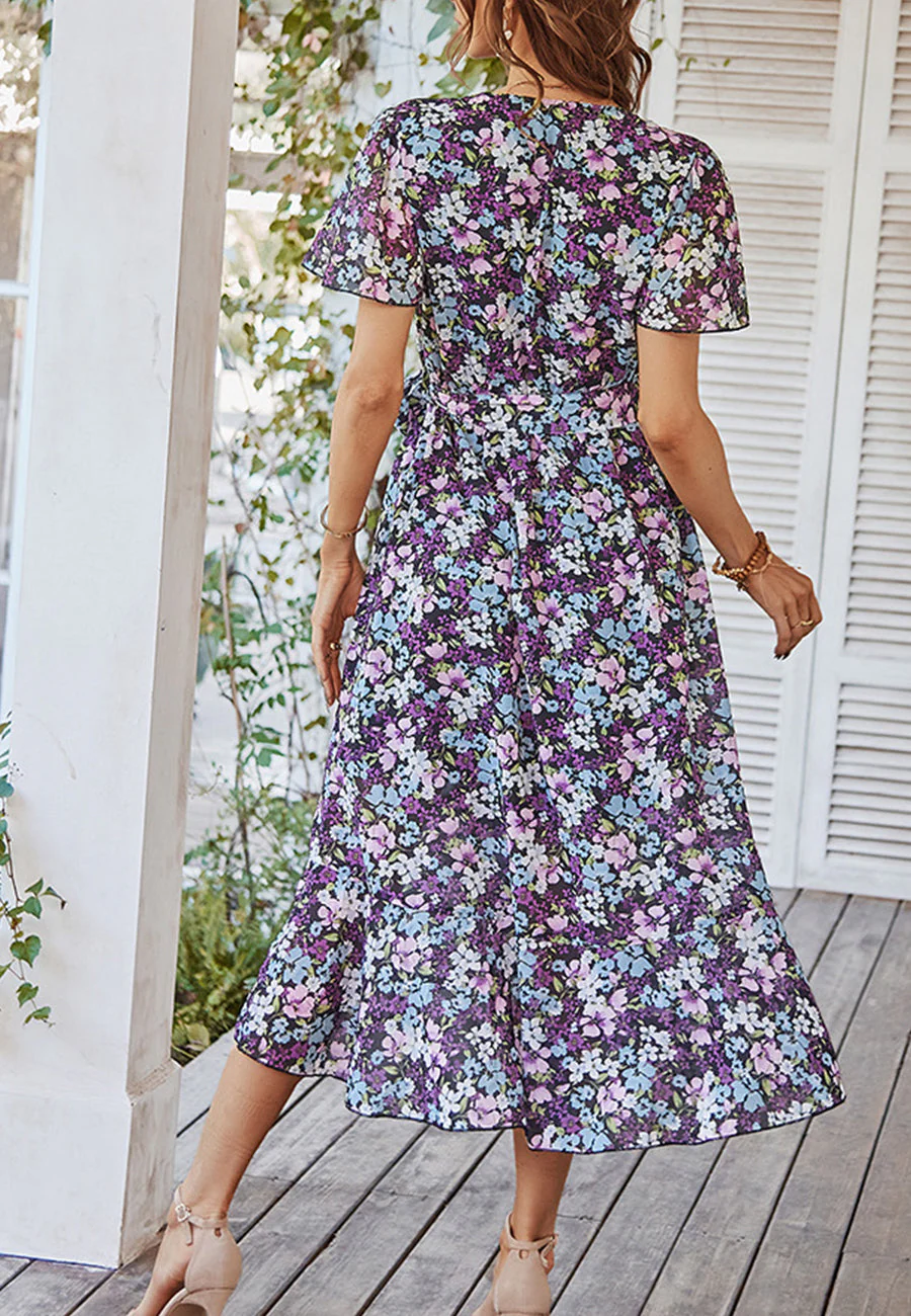 Floral Print Flutter Sleeve Wrap Dress - Image 30